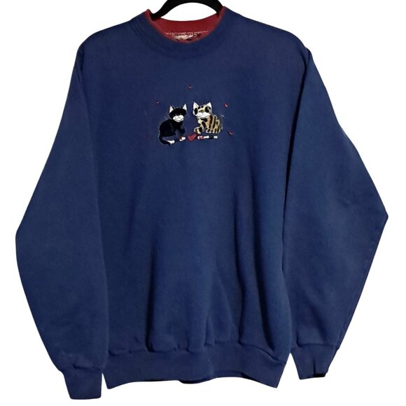 Vintage Cat Embroidered Crewneck Sweatshirt Oversized Baggy Womens M L - Picture 2 of 8